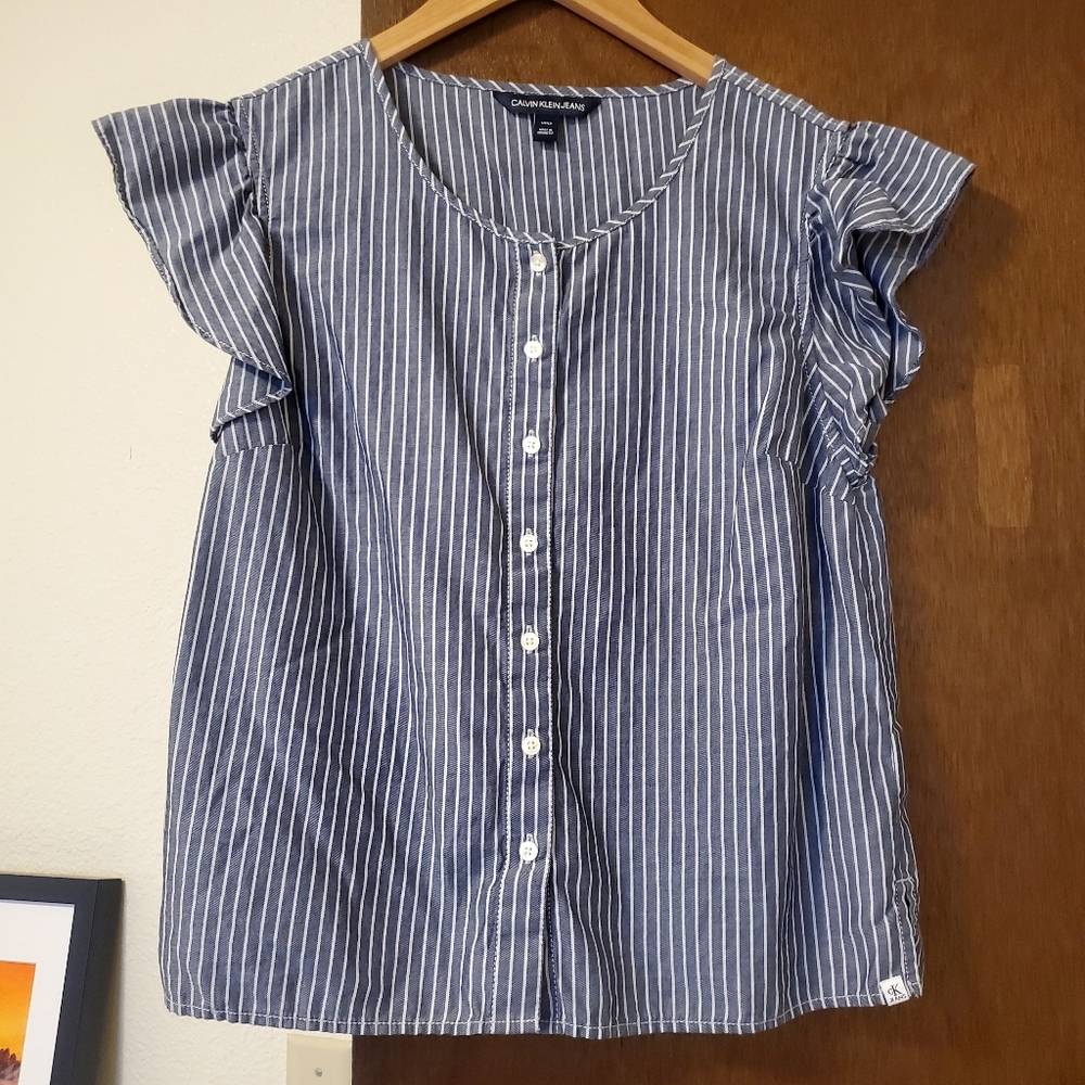 Calvin Klein Striped Cotton Button-Up Blouse